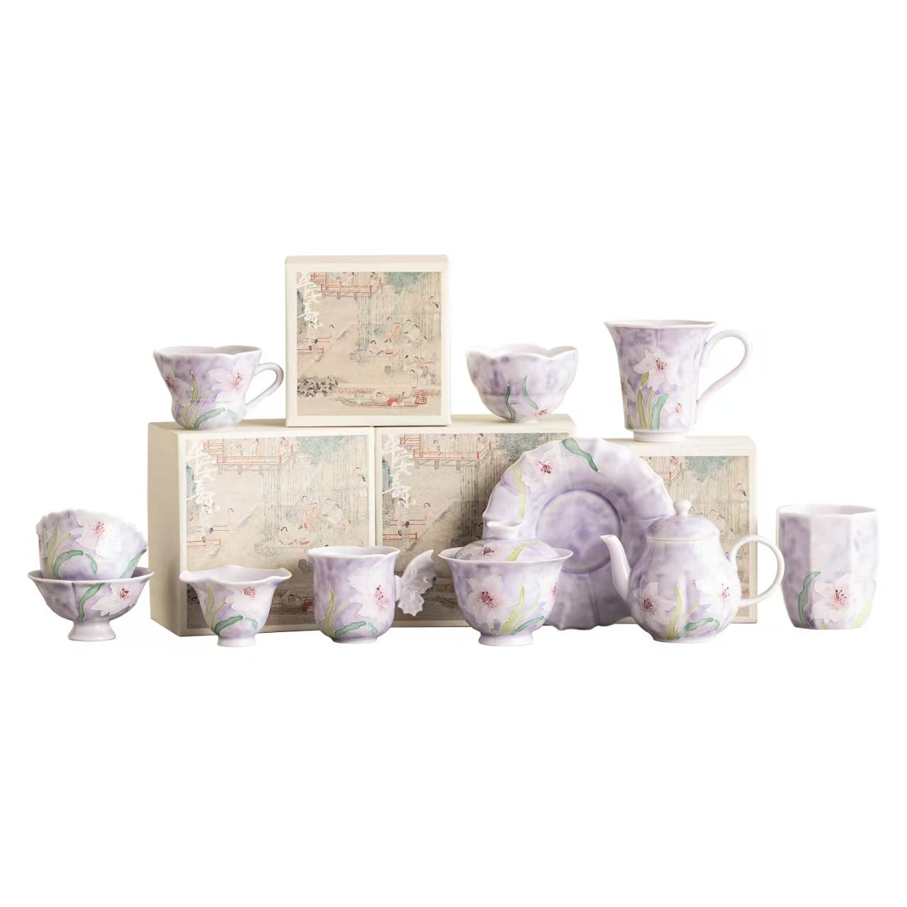 Hand-Painted Relief Purple Lily Small Tea Cup Set