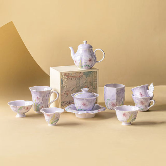Hand-Painted Relief Purple Lily Small Tea Cup Set