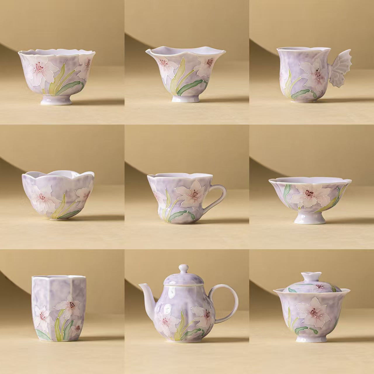 Hand-Painted Relief Purple Lily Small Tea Cup Set
