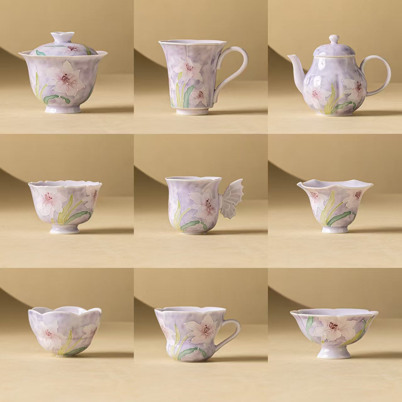 Hand-Painted Relief Purple Lily Small Tea Cup Set