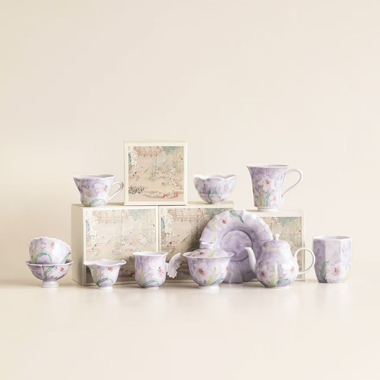 Hand-Painted Relief Purple Lily Small Tea Cup Set