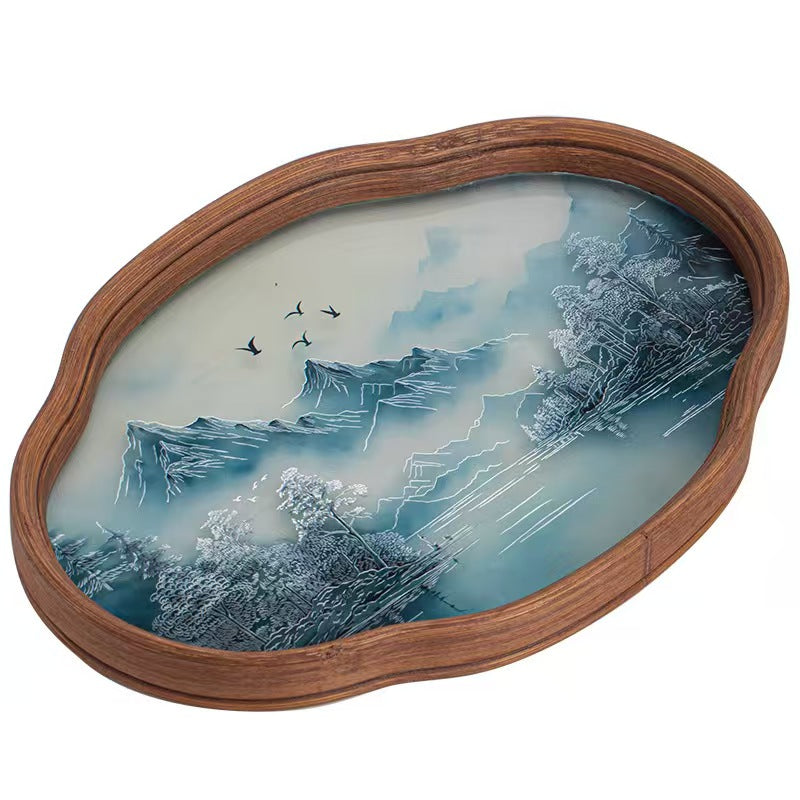 Hanjiangxue Bamboo & Glass Tea Tray - Chinese Ink Wash Painting Design | Rustic Multi-Purpose Tray for Tea Ceremony & Home Decor