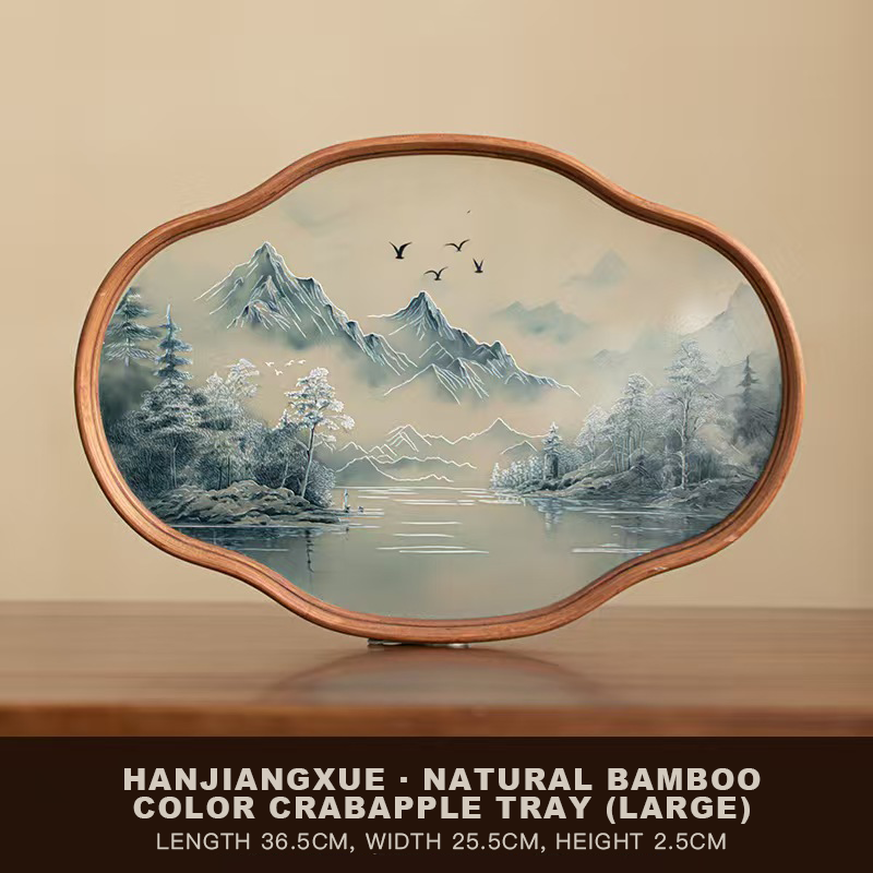 Hanjiangxue Bamboo & Glass Tea Tray - Chinese Ink Wash Painting Design | Rustic Multi-Purpose Tray for Tea Ceremony & Home Decor