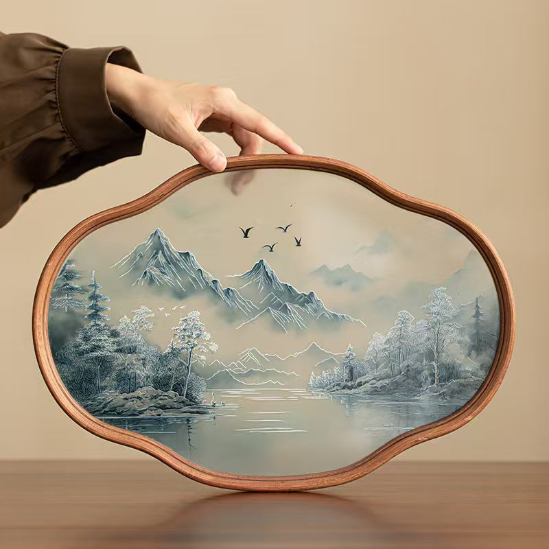Hanjiangxue Bamboo & Glass Tea Tray - Chinese Ink Wash Painting Design | Rustic Multi-Purpose Tray for Tea Ceremony & Home Decor