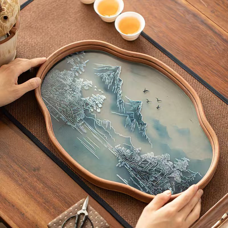 Hanjiangxue Bamboo & Glass Tea Tray - Chinese Ink Wash Painting Design | Rustic Multi-Purpose Tray for Tea Ceremony & Home Decor