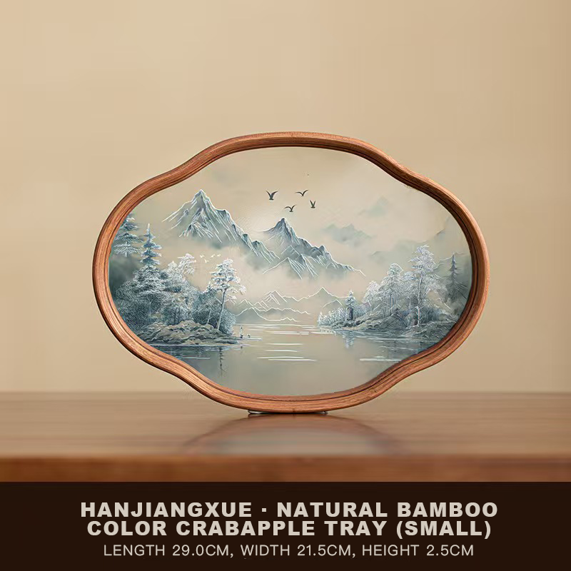 Hanjiangxue Bamboo & Glass Tea Tray - Chinese Ink Wash Painting Design | Rustic Multi-Purpose Tray for Tea Ceremony & Home Decor