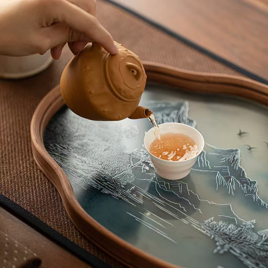 Hanjiangxue Bamboo & Glass Tea Tray - Chinese Ink Wash Painting Design | Rustic Multi-Purpose Tray for Tea Ceremony & Home Decor