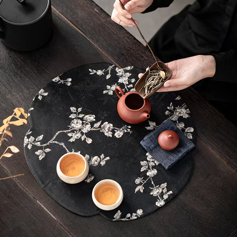 Chinese Style Tea Mat, Light Luxury Chinese Brocade with Rose & Crabapple Pattern, Tea Runner, Cup Coaster, Heat Insulation Pad, Tea Ceremony Accessory, Tea Pad, Tea Table Cloth