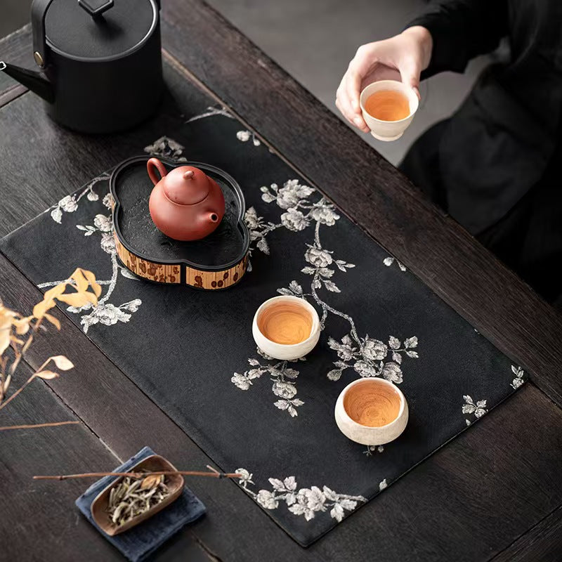 Chinese Style Tea Mat, Light Luxury Chinese Brocade with Rose & Crabapple Pattern, Tea Runner, Cup Coaster, Heat Insulation Pad, Tea Ceremony Accessory, Tea Pad, Tea Table Cloth