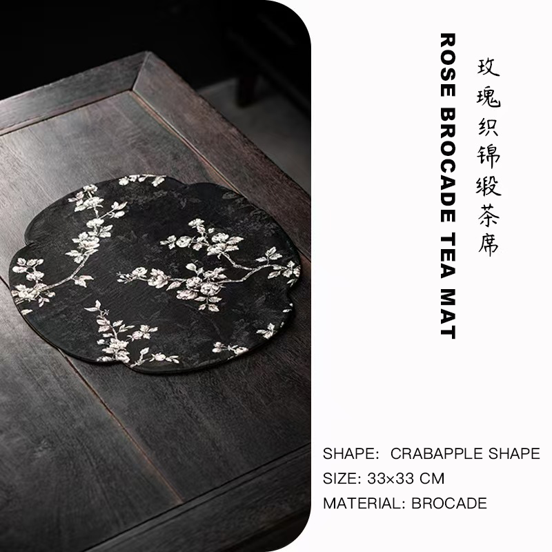 Chinese Style Tea Mat, Light Luxury Chinese Brocade with Rose & Crabapple Pattern, Tea Runner, Cup Coaster, Heat Insulation Pad, Tea Ceremony Accessory, Tea Pad, Tea Table Cloth