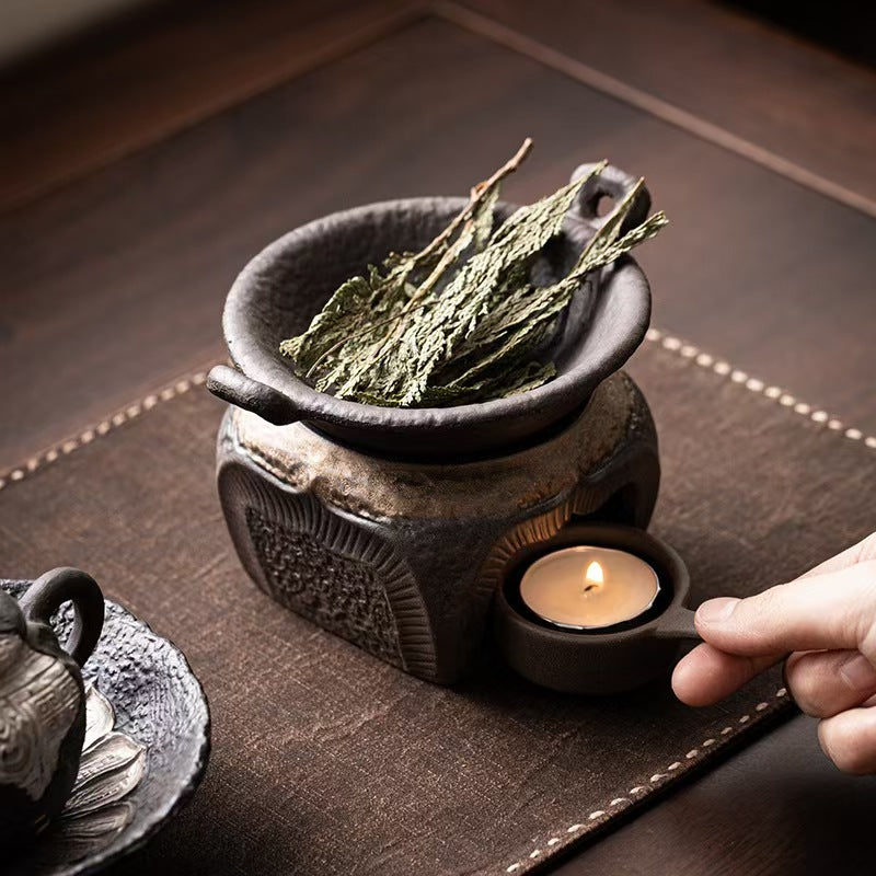 Vintage Handmade Ceramic Incense Warmer, Chinese Zen Home Aromatherapy Burner for Sage, Cedar & Tea Rituals