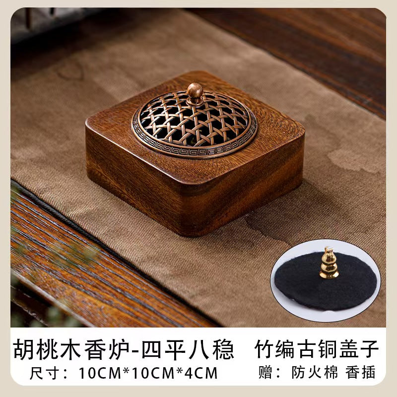 Handmade Walnut Wood Zen Incense Burner Vintage Chinese Style Holder for Sandalwood Agarwood