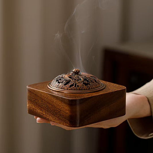 Handmade Walnut Wood Zen Incense Burner Vintage Chinese Style Holder for Sandalwood Agarwood