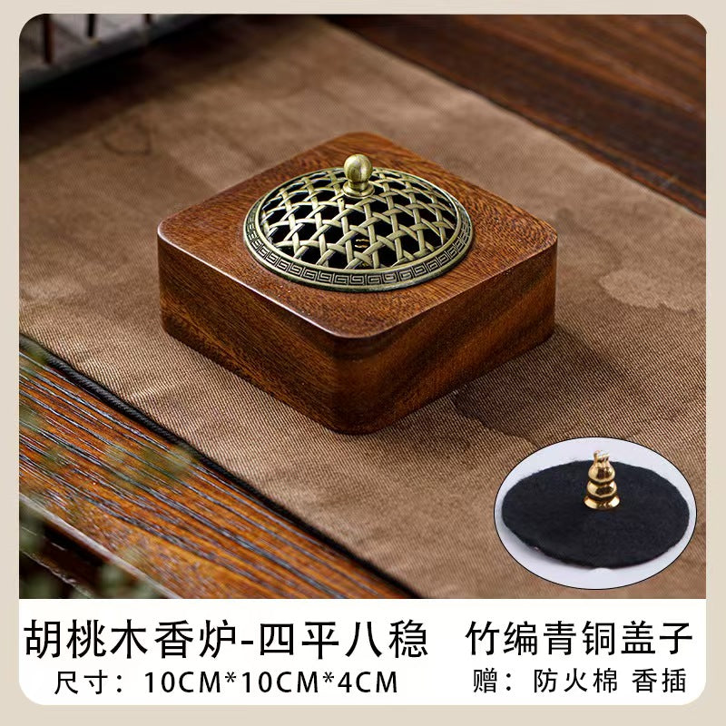 Handmade Walnut Wood Zen Incense Burner Vintage Chinese Style Holder for Sandalwood Agarwood