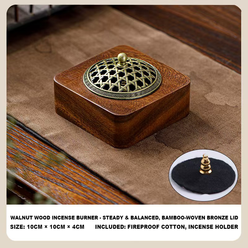Handmade Walnut Wood Zen Incense Burner Vintage Chinese Style Holder for Sandalwood Agarwood