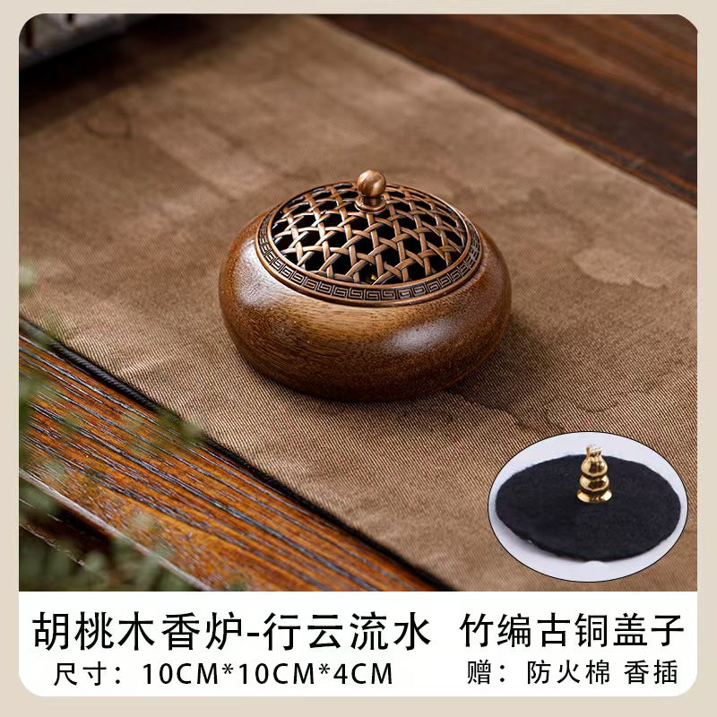 Handmade Walnut Wood Zen Incense Burner Vintage Chinese Style Holder for Sandalwood Agarwood